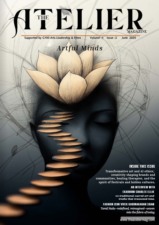 The Atelier Magazine Volume 1 Issue 2 June 2025 cover featuring artistic face with lotus and creative abstract staircase design