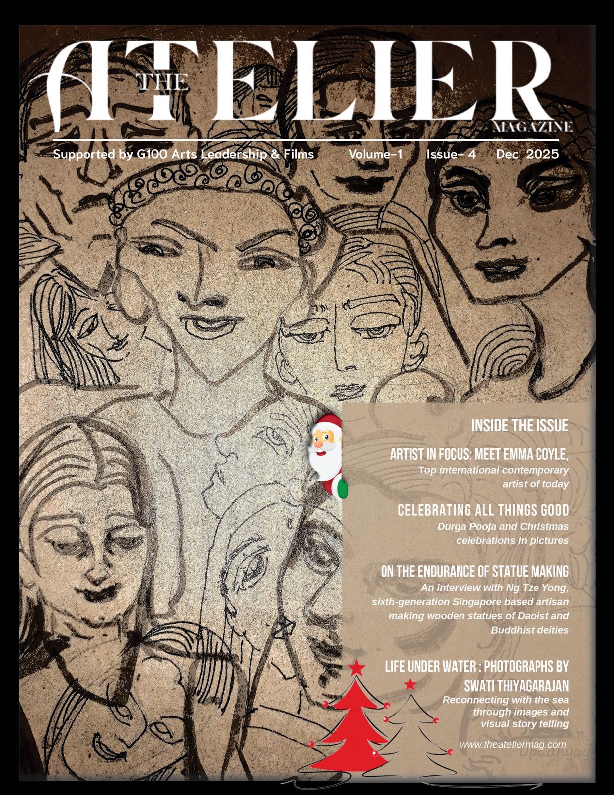 The Atelier Magazine Volume 1 Issue 4 December 2025 cover featuring expressive hand drawn faces and contemporary art illustration